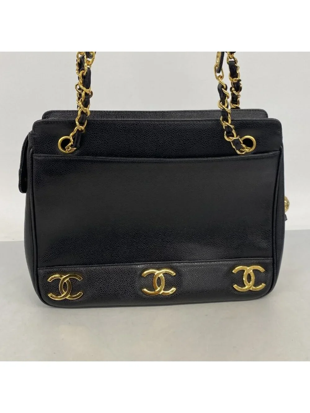 Chanel Shoulder Bag Triple Coco Caviar Leather Black Gold